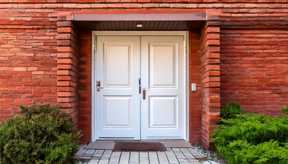 Obraz premium Contemporary white entrance door with textured brick wall surroundings