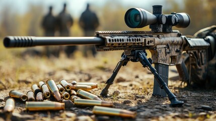 Camo sniper rifle with ammunition