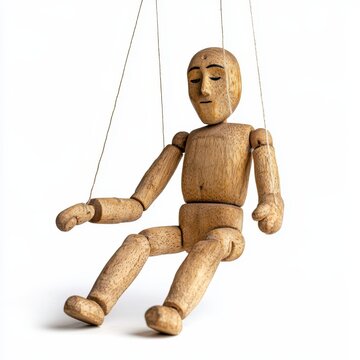 Classic wooden marionette sitting limp, as if the strings were cut, isolated on a clean white background