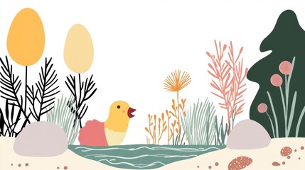 Cheerful Yellow Chick in a Pastel Pond Springtime Illustration