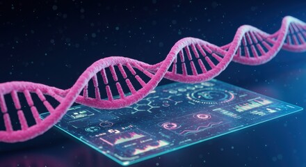 Glowing Neon DNA Helix Above Holographic Surface