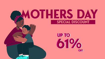 Up to 61% discount,' featuring a mother and child hugging against an illustrated pink background.