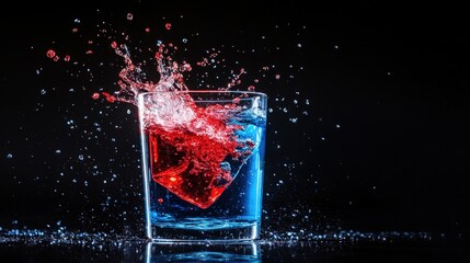 A vibrant splash of red and blue liquid occurs in a glass against a dark background, creating a dynamic and striking visual effect.