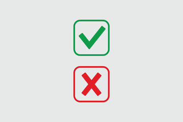 Green and red checkboxes with yes and no signs. Modern label icons of check and cross on a gray background. Check and cross in a box.
