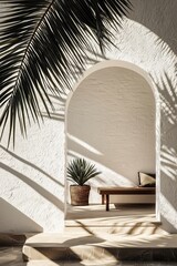 Outdoor tropical courtyard with bold palm shadows and warm stucco walls in a natural, minimalist style