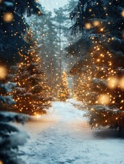 Magical forest with christmas trees and glowing lights