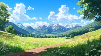 Beautiful spring or summer background with green grass and blue sky illustration
