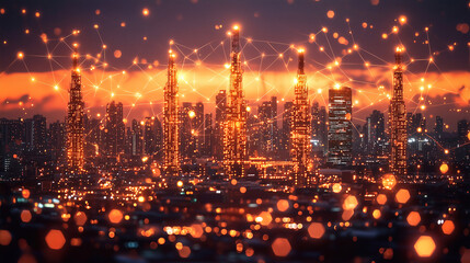 Fototapeta premium City skyline illuminated by glowing buildings and network connections during twilight