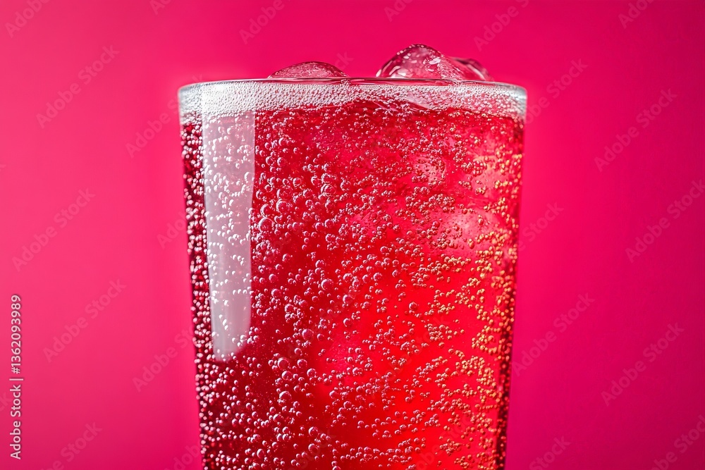 Poster refreshing beverage in a clear glass with bubbles set against a vibrant pink background