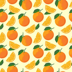 Seamless pattern with oranges on isolated background. Vector illustration of sliced slices and whole orange. Tropical fruit template for packaging design, banner, postcards, textiles.