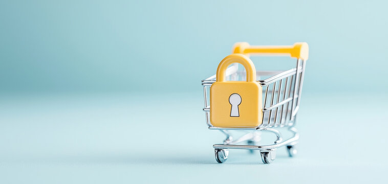 shopping cart with padlock symbolizes secure online shopping. This represents importance of safety in e commerce, ensuring safe experience for customers