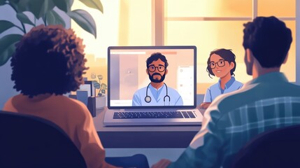 A virtual consultation scene featuring two individuals discussing health with a doctor on a laptop, surrounded by a cozy environment.