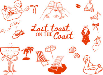 Set of hand drawn Bachelorette doodle icons, Coastal Cowgirl Hen Party illustrations, Whimsical Marine Bachelorette vector collection for T-shirts, invitations and web icons