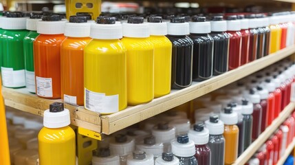 Vibrant Paint Bottles on Wooden Shelves: A Colorful Display of Artistic Supplies
