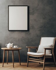 Minimalist interior with armchair, side table, and blank frame.