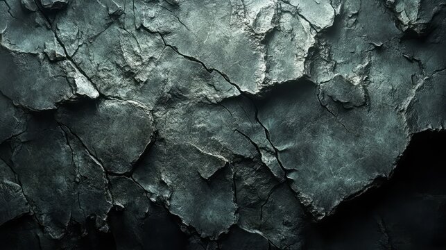 A rock formation with prominent, deep cracks and volumetric lighting streaming through, adding dramatic contrast 