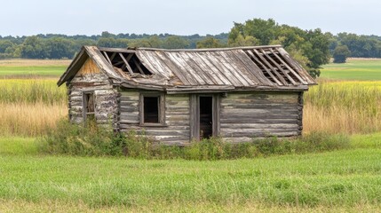 Obraz premium Abandoned wooden cabin in a lush green field under a cloudy sky