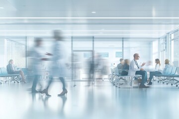 Busy modern hospital corridor with doctors in motion and patients waiting, capturing the fast-paced environment of healthcare and medical consultations.
