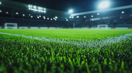 Close up view of a vibrant green sports field with white lines and stadium lights at night time