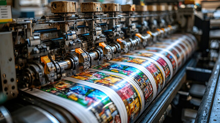Printing press in action, showcasing vibrant designs in a busy production facility during the day