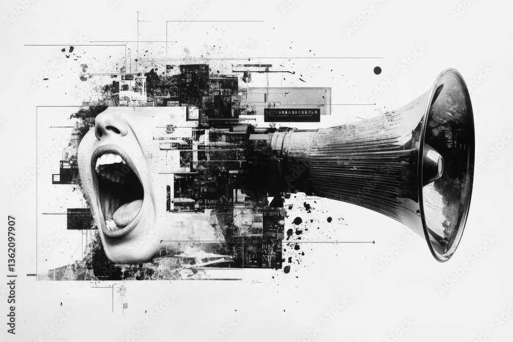 Aufkleber Creative expression through visual art showcasing a face yelling with abstract elements and a megaphone in a black and white design