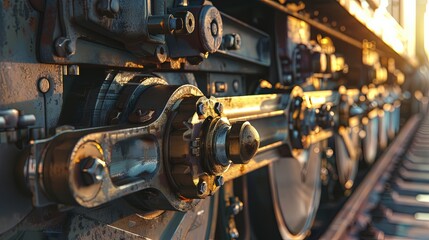 Fototapeta premium Close-up of vintage train machinery at sunset