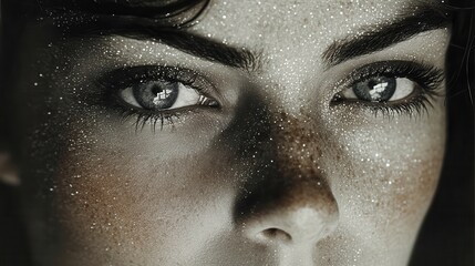 Close up view of woman looking with sparkling makeup