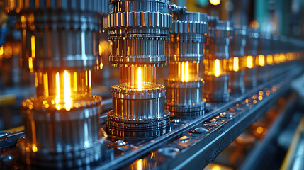 Industrial production showcasing shiny metallic gears and illuminated components in a manufacturing facility