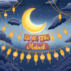 Eid Mubarak Illustration Vector - Festive Moon and Lanterns for Joyful Celebrations