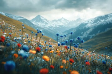 A vibrant alpine meadow filled with blue, red, and yellow wildflowers, set against a majestic backdrop of snow-capped mountains and dramatic, cloudy sky.