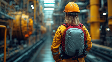 Obraz premium Worker in safety gear observing industrial facility during daytime
