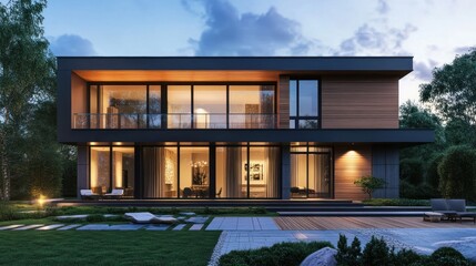Fototapeta premium Modern luxury home exterior at twilight