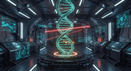 Neon Laser DNA Helix in Sci-Fi Lab