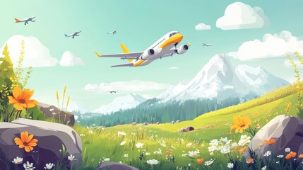 Scandinavian style kids landscape. Aircraft flying over mountain, childish banner with air transport and rocks. Nursery print, cartoon nowaday vector background