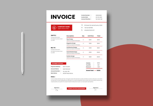 Minimal Invoice Layout With Bold Red Template