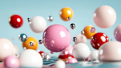 Vibrant Spheres: A cluster of colorful spheres of different sizes and textures float in a dreamy, modern composition. Capturing a sense of dynamic equilibrium. isolated blue background, Ai Generative