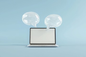 The concept of communication technology, social networking, internet, and online messaging is represented by white empty speech bubbles and a modern laptop computer on a blue background with