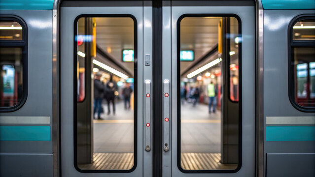 Hydrogen fuel future Open subway train doors at busy station platform, with blurred commuters