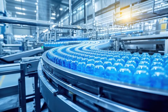 Automated bottling plant production line: Blue plastic bottles moving on a conveyor belt, filling, capping, and labeling operations in a modern factory environment.