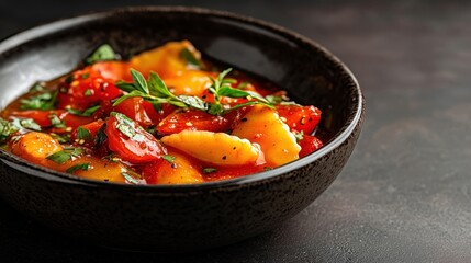 A vibrant bowl of delicious stew filled with colorful ingredients, garnished with fresh herbs, represents the fusion of flavors and inviting warmth of home-cooked cuisine.