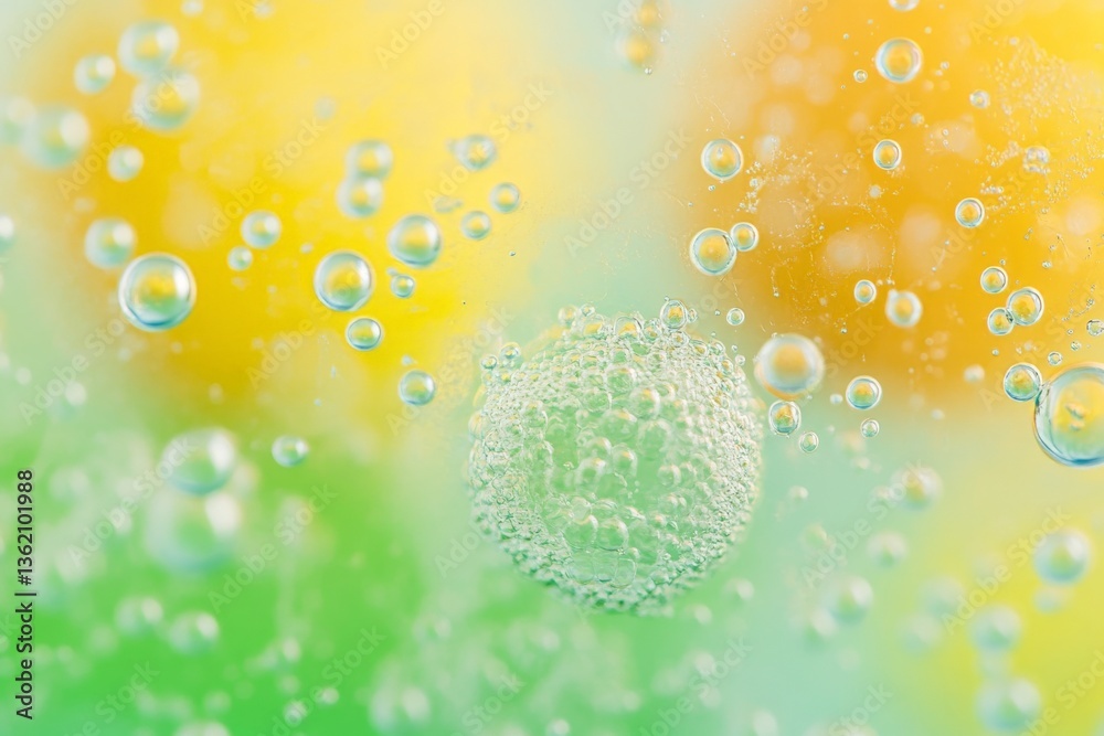 Aufkleber Bubbles rise in a vibrant background of yellow and green colors, creating an abstract and dynamic visual experience