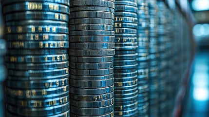 Rows of stacked coins showcasing patterns and textures in a detailed close-up view in a financial setting