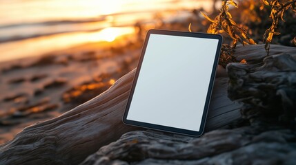 blank tablet mockup on driftwood with beautiful seaside sunset backdrop