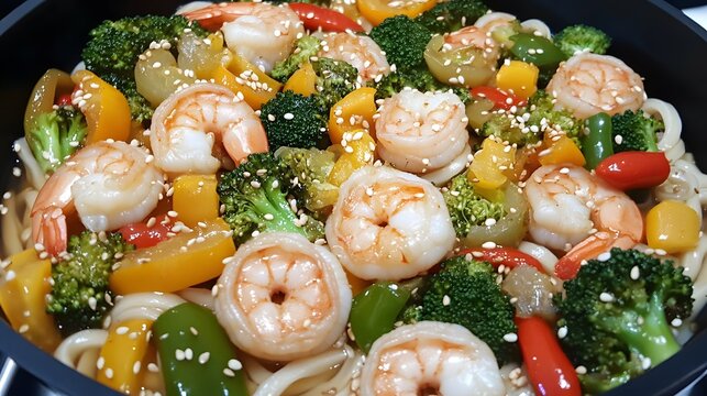 Delicious Shrimp Udon Noodles Stir-Fry with Colorful Vegetables