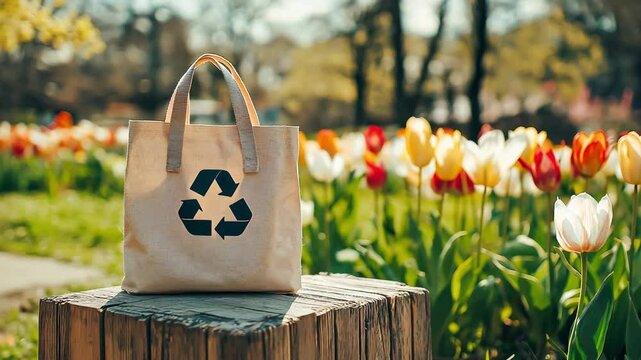 A recycling symbol on beige canvas tote bag mockup on wooden product display podium with nature leaves background, Eco friendly. Reusable shopper eco bag	