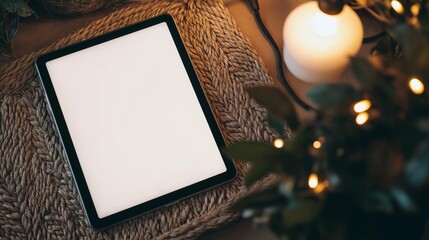tablet mockup  with blank screen next to burning candle and some decorative lights 