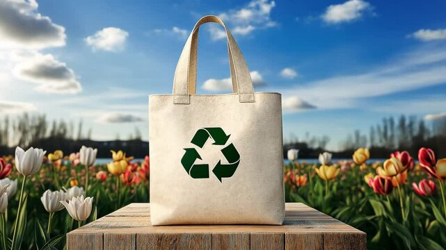 A recycling symbol on beige canvas tote bag mockup on wooden product display podium with nature leaves background, Eco friendly. Reusable shopper eco bag	