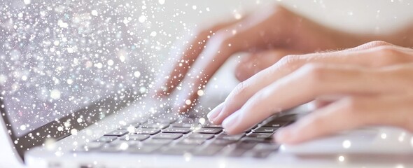 A man's hand is shown typing on a laptop keyboard to utilize search engine optimization tools for locating customers or promoting online content for marketing and business purposes