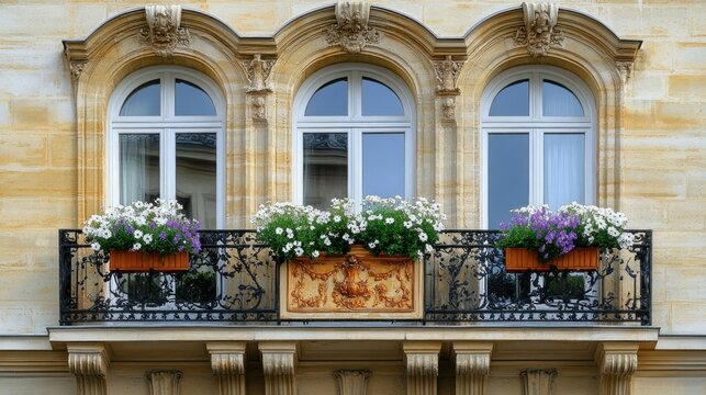 Elegant balcony with three arched windows and ornate iron railings, adorned with flower boxes