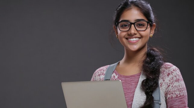 Smiling indian young woman college university school student wear glasses holding laptop computer isolated on grey studio background, happy teen girl looking at camera stand with device, portrait